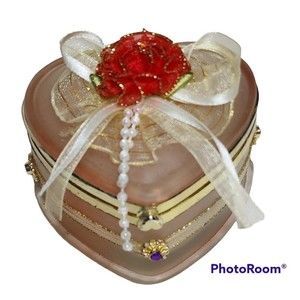 Glass Heart Valentine Jewelry Display Trinket Box Pale Pink Opaque Red Rose Lace